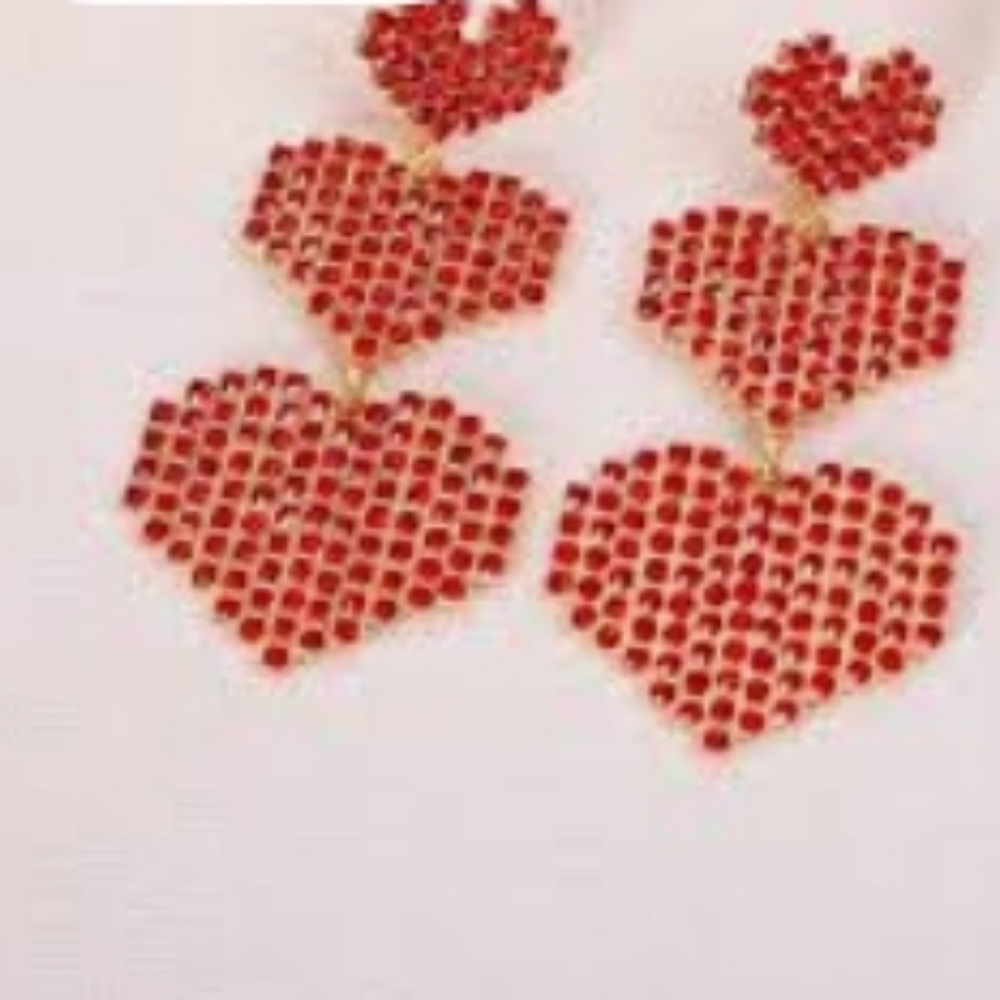 Heart Earrings-Three Tier Heart Sparkling Red Rhinestone Dangle Drop Earr…